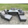 Fimous - 8 Seater Rattan Garden Furniture Set Outdoor Propane Gas Fire Pit Table and Sofa Chair set with Side Table 2 Big Footstool