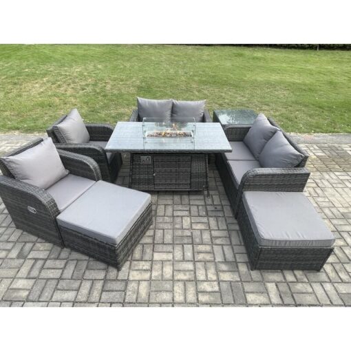 Fimous - 8 Seater Rattan Garden Furniture Set Outdoor Propane Gas Fire Pit Table and Sofa Chair set with Side Table 2 Big Footstool