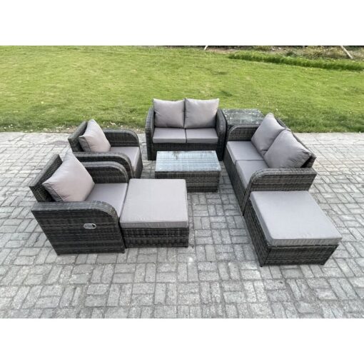 Fimous - 8 Seater Rattan Garden Furniture Set Patio Outdoor Lounge Sofa Set with Rectangular Coffee Table 2 Big Footstool Love Sofa Side Table Dark