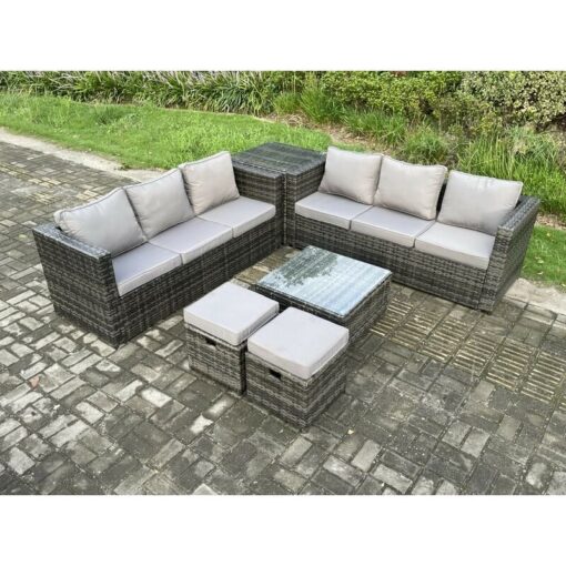 Fimous 8 Seater Rattan Garden Furniture Sofa Set with Side Table Square Coffee Table 2 Small Footstool Indoor Outdoor Rattan Set Dark Grey Mixed