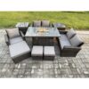 Fimous 8 Seater Rattan Outdoor Garden Furniture Gas Fire Pit Table Sets Gas Heater with Love Sofa Armchair 3 Footstools 2 Side Tables Dark Mixed Grey