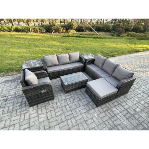 Fimous 8 Seater Rattan Outdoor Garden Furniture Sofa Set Patio Table & Chairs Set with 3 Seater Sofa Reclining Chair 3 Seater Sofa 2 Side Tables Big