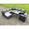 Fimous 8 Seater Wicker PE Rattan Garden Dining Set Outdoor Furniture Sofa with Patio Dining Table Armchair Big Footstool Side table Dark Grey Mixed