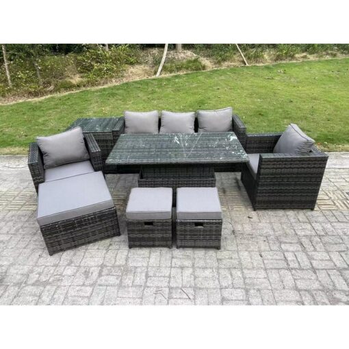 Fimous - 8 Seater Wicker pe Rattan Garden Furniture Sofa Set Outdoor Adjustable Rising Lifting Dining Table Set with Armchairs Side Table 3