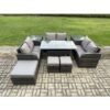 Fimous - 9 Pieces Outdoor Rattan Garden Furniture Set with Patio Rectangular Dining Table Love Sofa 2 Side Tables 3 Footstools Dark Grey Mixed