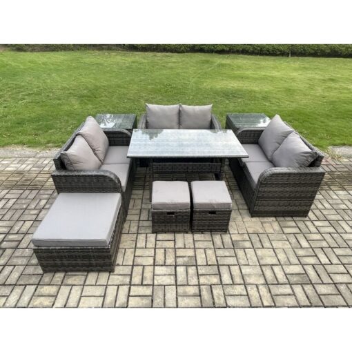 Fimous - 9 Pieces Outdoor Rattan Garden Furniture Set with Patio Rectangular Dining Table Love Sofa 2 Side Tables 3 Footstools Dark Grey Mixed