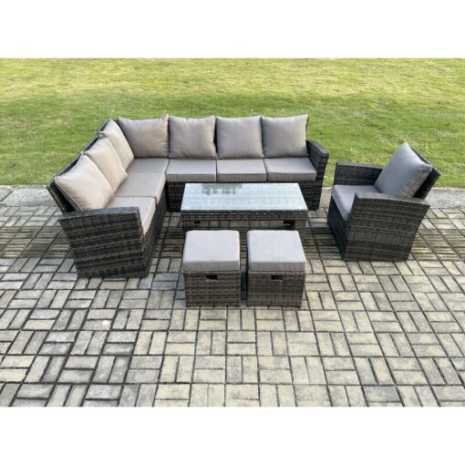 Fimous - 9 Seat Rattan Garden Furniture Corner Sofa Set Outdoor Patio Sofa Chair Table Set with 2 Small Footstools Dark Grey Mixed