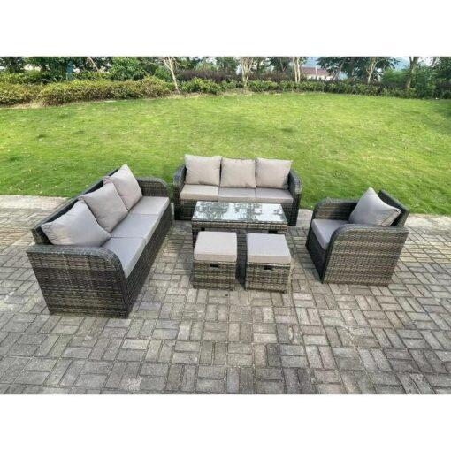 Fimous 9 Seater Dark Grey PE Wicker Rattan Garden Furniture Set Reclining Chair Lounge 3 Seater Sofa Set Outdoor Rectangular Coffee Table Stools