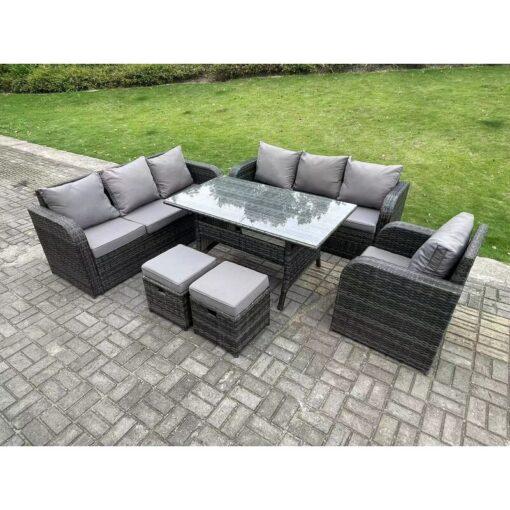 Fimous 9 Seater Dark Grey PE Wicker Rattan Garden Furniture Set Reclining Chair Lounge Sofa 3 Seater Sofa Set Outdoor Rectangular Dining Table With 2