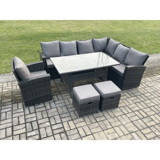 Fimous 9 Seater Garden Rattan Furniture Corner Sofa Dining Table Set with 2 Small Footstools Armchair Indoor Outdoor Lounge Sofa Set