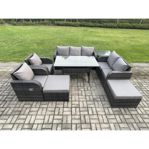 Fimous - 9 Seater Garden Rattan Furniture Dining Table Sofa Set Indoor Outdoor with 2 Reclining Chairs Side Tables 2 Big Footstool Dark Grey Mixed