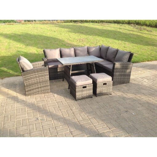 Fimous - 9 Seater High Back Dark Mixed Grey Rattan Corner Sofa Set Outdoor Furniture Rectangular Dining Table 2 Footstools Chair