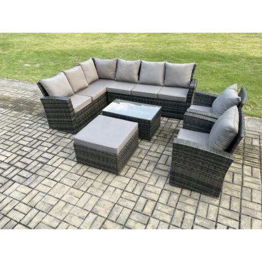 Fimous - 9 Seater High Back Outdoor Garden Furniture Set Rattan Corner Sofa Set With Rectangular Coffee Table Big Footstool 2 Armchairs Dark Grey