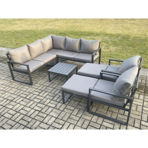 Fimous 9 Seater Outdoor Aluminium Garden Furniture Set Corner Lounge Sofa Set with Square Coffee Table 2 Big Footstools Dark Grey