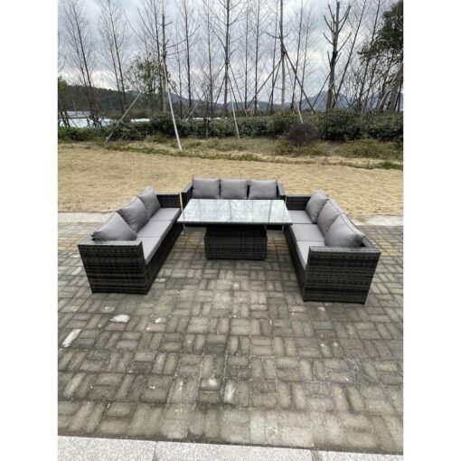 Fimous - 9 Seater Outdoor Garden Furniture Rattan Sofa Set Adjustable Rising Lifting Dining Table Dark Grey Mixed