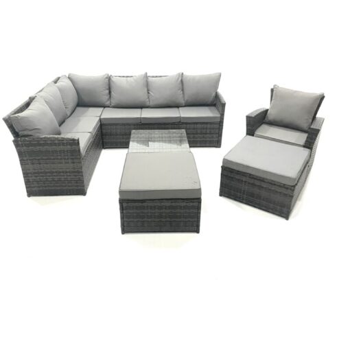 Fimous 9 Seater Outdoor Garden Furniture Set Wicker PE Rattan Corner Sofa Set with Square Coffee Table 2 Big Footstool Dark Grey Mixed