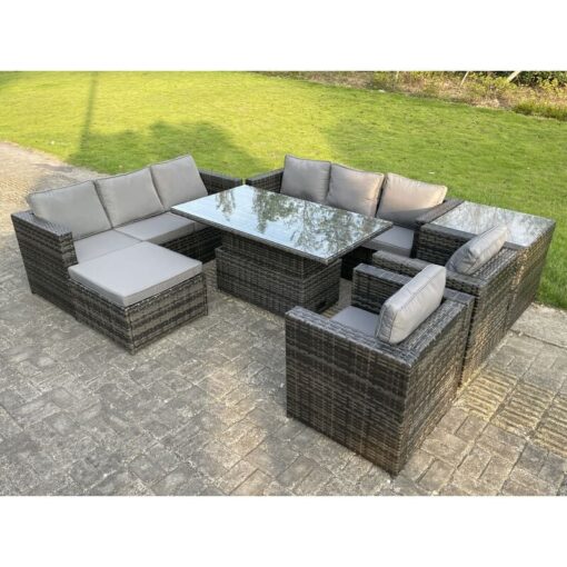 Fimous 9 Seater Outdoor Rattan Garden Furniture Adjustable Rising Lifting Table With Side Table Chairs Footstool Dark Grey Mixed