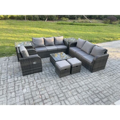 Fimous 9 Seater Outdoor Rattan Garden Furniture Set Conservatory Patio Sofa Coffee Table With Reclining Chair 2 Small Footstools 2 Side Tables Dark