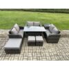 Fimous - 9 Seater Outdoor Rattan Garden Furniture Set with Patio Rectangular Dining Table Love Sofa Side Table 3 Footstools Dark Grey Mixed