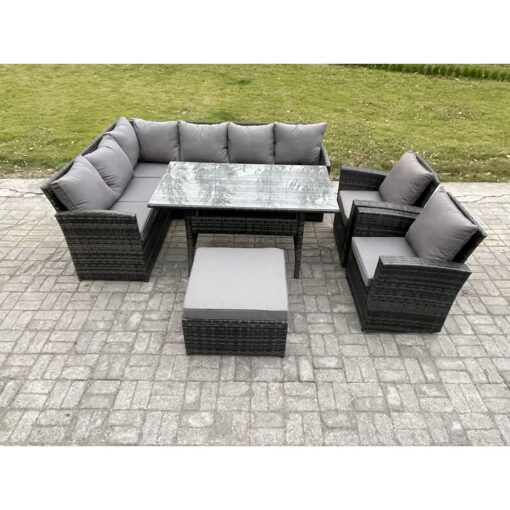 Fimous - 9 Seater Outdoor Rattan Garden Furniture Set with Rectangular Dining Table Big Footstool 2 Armchiars Patio Wicker Corner Sofa Set Dark Grey