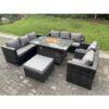 Fimous - 9 Seater Outdoor pe Rattan Garden Furniture Set Gas Fire Pit Dining Table Gas Heater Burner With Sofa Armchairs Big Footstool Dark Grey Mixed