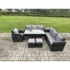 Fimous 9 Seater Rattan Garden Furniture Set Oblong Rectangular Dining Table and Chairs Set with 3 Seater Sofa Side Table 2 Small Footstools Dark Grey