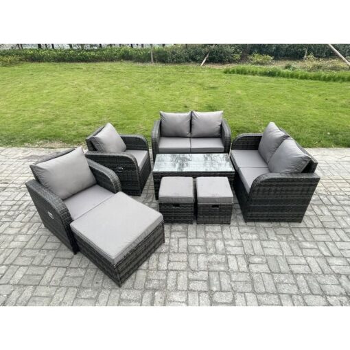 Fimous - 9 Seater Rattan Garden Furniture Set Outdoor Patio Sofa, Table and Chairs Garden Table Footstools Ideal for Pool Side, Balcony, Outdoor and