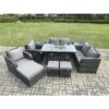 Fimous - 9 Seater Rattan Garden Furniture Set Propane Gas Fire Pit Table and Sofa Chair set with 3 Footstool 2 Side Tables