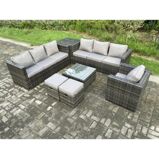 Fimous - 9 Seater Rattan Garden Furniture Sofa Set with Armchair Side Table Square Coffee Table 2 Small Footstools Indoor Side Table Outdoor Rattan