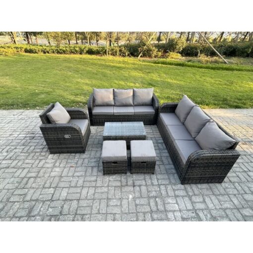 Fimous 9 Seater Rattan Lounge Sofa Set Outdoor Garden Furniture Set with Rectangular Coffee Table 3 Seater Sofa 2 Small Footstools Dark Grey Mixed