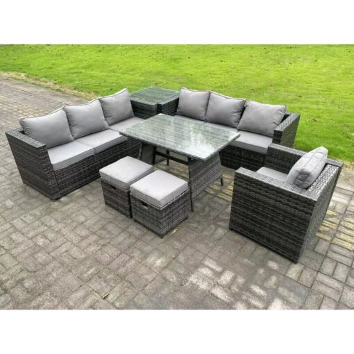 Fimous 9 Seater Rattan Outdoor Furniture Sofa Garden Dining Set with Dining Table Armchair Side Table 2 Small Footstools Dark Grey Mixed