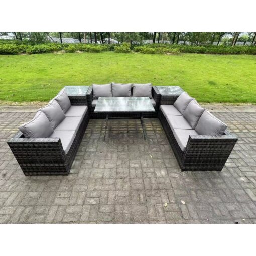 Fimous 9 Seater Rattan Outdoor Furniture Sofa Garden Dining Set with Patio Dining Table 2 Side Tables Dark Grey Mixed