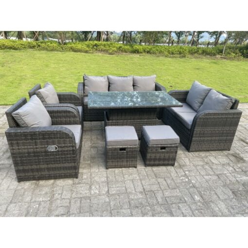 Fimous - 9 Seater Rattan Outdoor Garden Furniture Sets Height Adjustable Rising Lifting Table Sofa Chair with Small Footstools Dark Grey 8 Seater