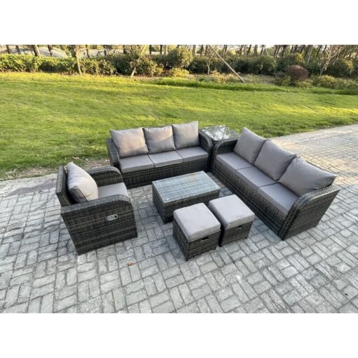 Fimous 9 Seater Rattan Outdoor Garden Furniture Sofa Set Patio Table & Chairs Set with 3 Seater Sofa Reclining Chair 3 Seater Sofa Side Table 2 Small