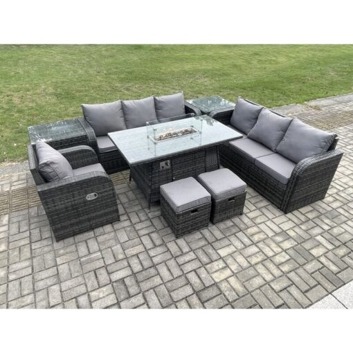 Fimous - 9 Seater Wicker Rattan Garden Furniture Set Gas Fire Pit Dining Table Reclining Chair 3 Seater Sofa Set Indoor Outdoor with Side Table 2