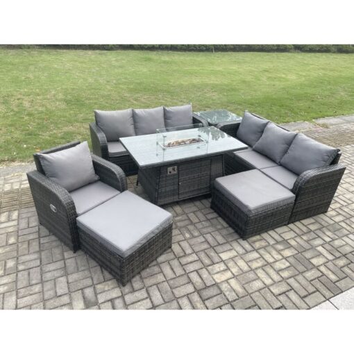 Fimous - 9 Seater Wicker Rattan Garden Furniture Set Gas Fire Pit Dining Table Reclining Chair 3 Seater Sofa Set Indoor Outdoor with Side Table 2 Big