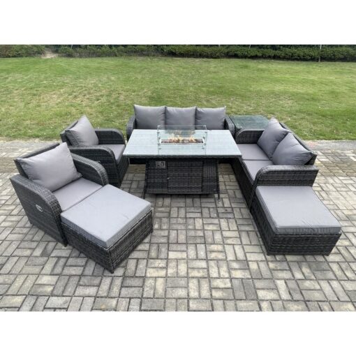 Fimous - 9 Seater pe Wicker Outdoor Rattan Garden Furniture Set Propane Gas Fire Pit Table and Sofa Chair set with Side Table 2 Big Footstool