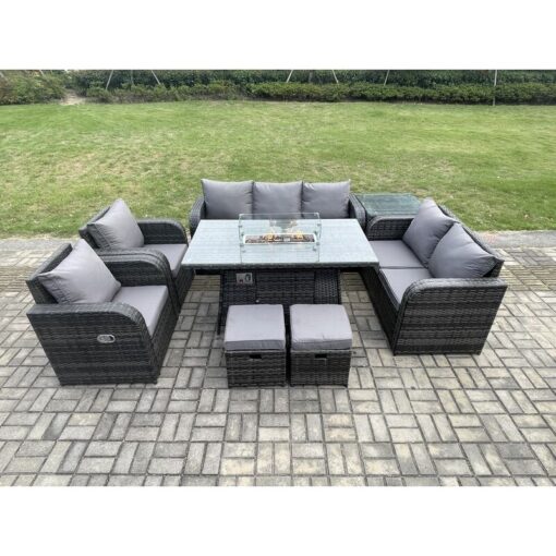 Fimous - 9 Seater pe Wicker Outdoor Rattan Garden Furniture Set Propane Gas Fire Pit Table and Sofa Chair set with Side Table 2 Small Footstools