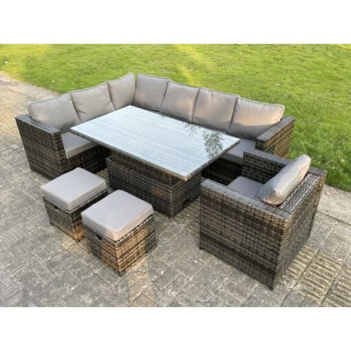 Fimous - 9 Seats Dark Mixed Grey Rattan Garden Furniture Corner Sofa Set Adjustable Dining Or Coffee Table Chair Left Corner