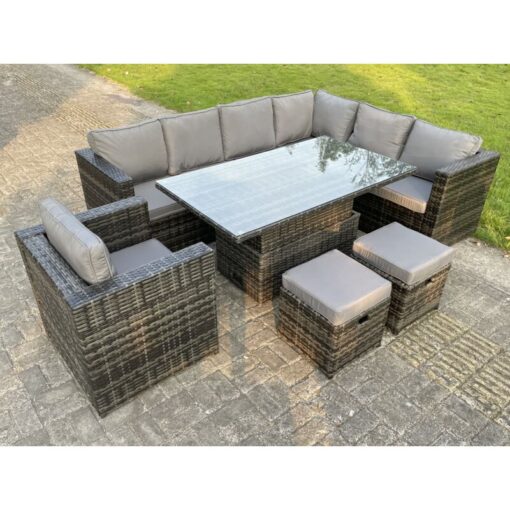 Fimous 9 Seats Dark Mixed Grey Rattan Garden Furniture Corner Sofa Set Adjustable Dining Or Coffee Table Chair Right Corner