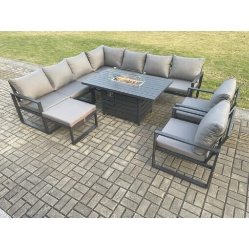 Fimous - Aluminium 10 Seater Garden Furniture Outdoor Set Patio Lounge Sofa Gas Fire Pit Dining Table Set with 2 Chairs Big Footstool Dark Grey