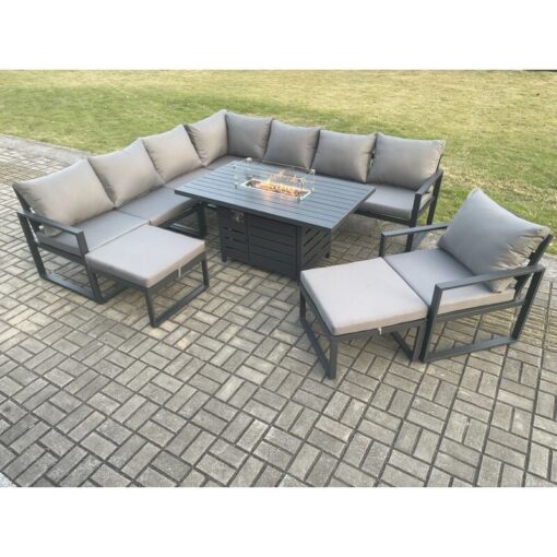 Fimous - Aluminium 10 Seater Garden Furniture Outdoor Set Patio Lounge Sofa Gas Fire Pit Dining Table Set with Chair 2 Big Footstools Dark Grey