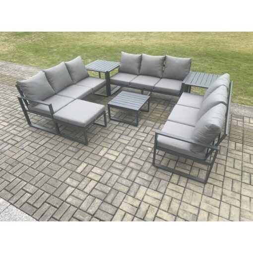 Fimous Aluminium 10 Seater Outdoor Garden Furniture Set Patio Lounge Sofa with Square Coffee Table 2 Side Tables Big Footstool Conservatory Set Dark