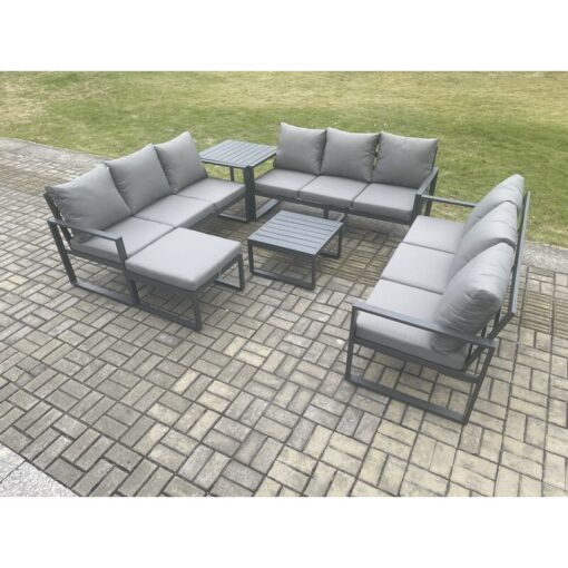 Fimous Aluminium 10 Seater Outdoor Garden Furniture Set Patio Lounge Sofa with Square Coffee Table Side Table Big Footstool Conservatory Set Dark Grey