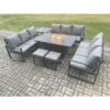 Fimous - Aluminium 11 Seater Garden Furniture Outdoor Set Patio Lounge Sofa Gas Fire Pit Dining Table Set with 2 Small Footstools Side Table Dark Grey