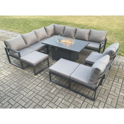 Fimous - Aluminium 11 Seater Lounge Corner Sofa Outdoor Garden Furniture Sets Gas Fire Pit Dining Table Set with 2 Big Footstools Dark Grey