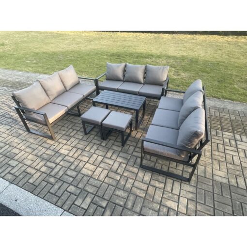 Fimous Aluminium 11 Seater Outdoor Garden Furniture Set Lounge Sofa Oblong Coffee Table 2 Small Footstools Sets with Cushions Dark Grey