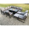 Fimous - Aluminium 12 Seater Garden Furniture Outdoor Set Patio Lounge Sofa Gas Fire Pit Dining Table Set with 3 Chair 2 Big Footstools Dark Grey