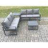 Fimous Aluminium 4 Pieces Garden Furniture Sofa Set with Cushions 6 Seater Outdoor Patio Set with Square Coffee Table Side Table Dark Grey