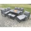 Fimous Aluminium 7 Pieces Garden Furniture Sofa Set with Cushions 10 Seater Gas Fire Pit Dining Table Set with 3 Footstools Dark Grey